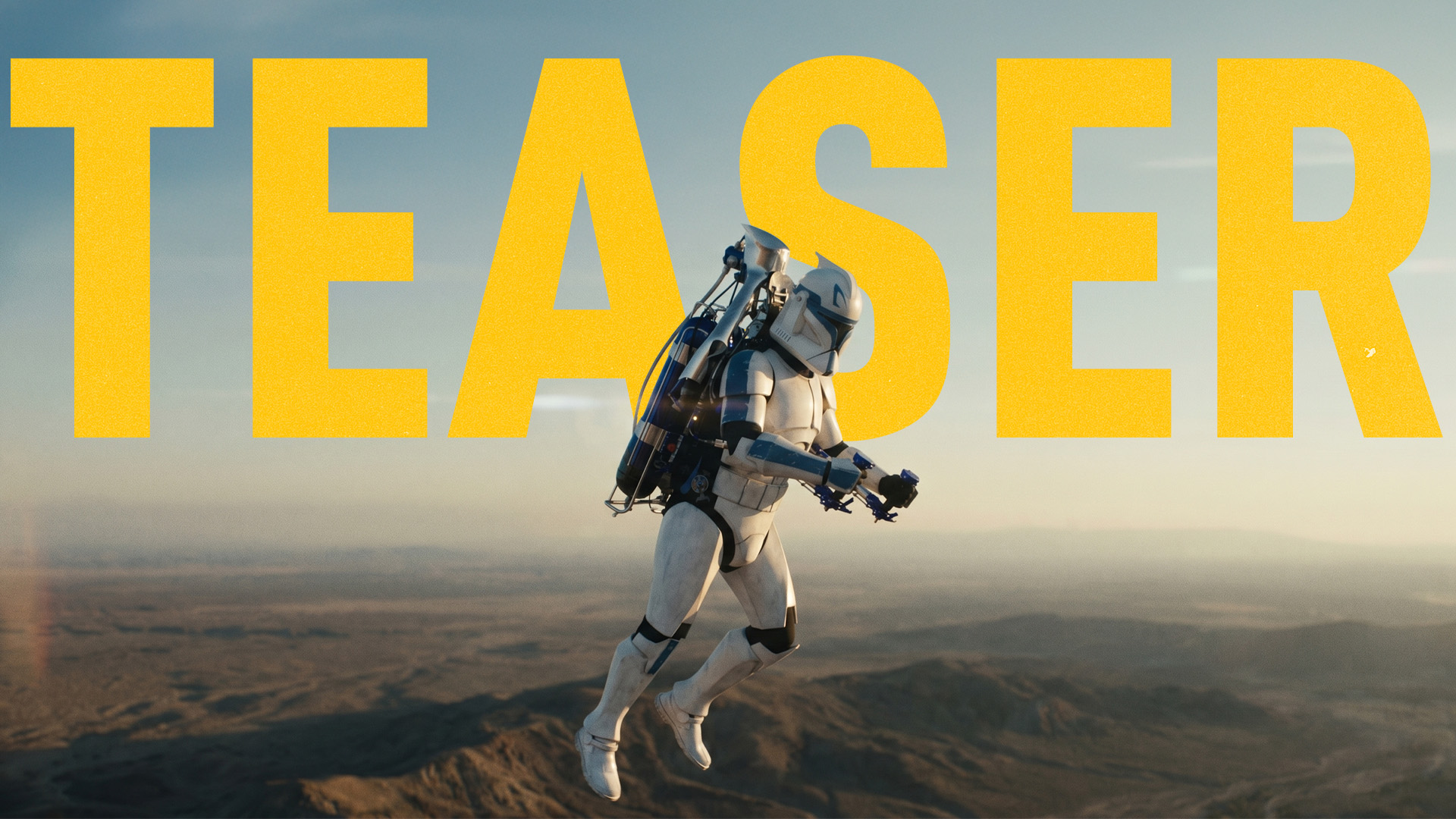 Jetpack pilot flying in front of giant yellow TEASER typography